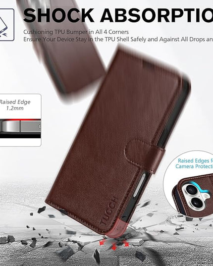 TUCCH Case Wallet for iPhone 16, Magnetic PU Leather Kickstand Flip Cover with 4 Card Slot Shockproof TPU Interior Shell, [RFID Blocking] Folio Case Compatible with iPhone 16 5G, Chocolate Brown
