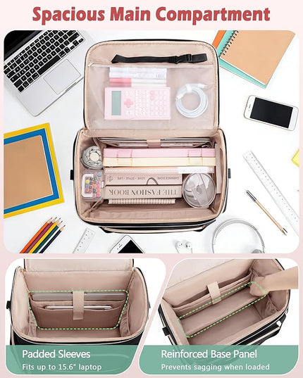 Rolling Teacher Bag with 15.6" Laptop Compartment, Wheeled Work Briefcase Tote with Detachable Trolley for Women, Black