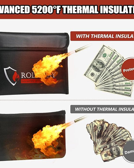 ROLOWAY Fireproof Bag (9.6 x 6.6 inches) 5200℉ Heat Insulated, Fireproof Money Bag with Zipper for Cash (2-Pack Black)