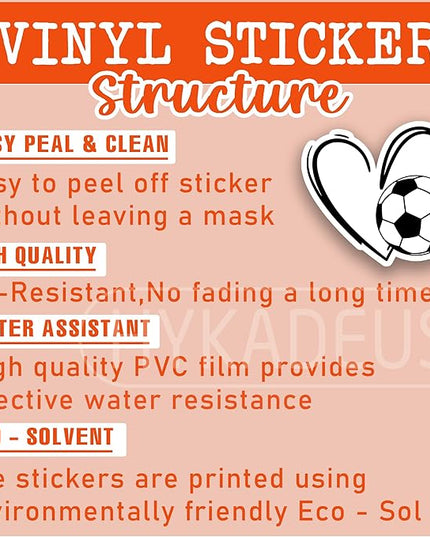 (3Pcs) Soccer Stickers Waterproof Vinyl Soccer Heart Decals for Water Bottle, Tumbler, Laptop, Phone Case, Scrapbooking, Team Players, Coach, 3" x 2.8"