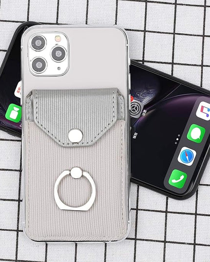 Cell Phone Card Holder RFID Ring Stand Stick on Wallet Card Holder for Back of Phone for iPhone Android and All Smartphones Adhesive Credit Card Holder for Cell Phone-Polyester Grey
