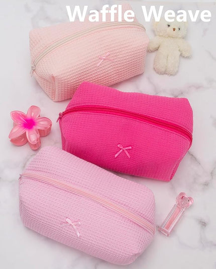 PAZIMIIK 2PCS Cozy Makeup Bag Travel Cosmetic Bag for Women Soft Toiletry Bag Aesthetic Makeup Organizer Portable Large Zipper Pouch for Skincare Beauty Accessories Brushes Waffle Hotpink