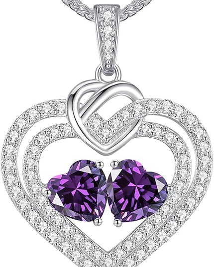 LOUISA SECRET Sparkling Double Heart Birthstone Necklaces for Women, 925 Sterling Silver Fine Jewelry, Pendant Heart Necklaces Birthday Anniversary Christmas Gift for Women Wife Mom Girlfriend Lady