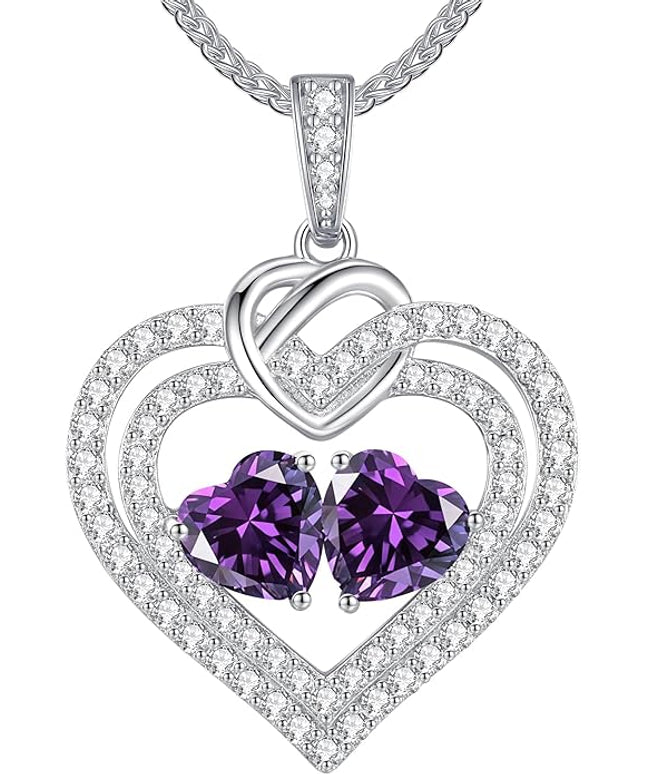 LOUISA SECRET Sparkling Double Heart Birthstone Necklaces for Women, 925 Sterling Silver Fine Jewelry, Pendant Heart Necklaces Birthday Anniversary Christmas Gift for Women Wife Mom Girlfriend Lady