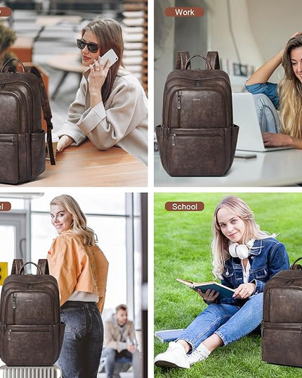 Shrrie Leather 17 inch Laptop Backpack for Women, Large Travel Backpack Purse for Casual Daypack College Work Bag