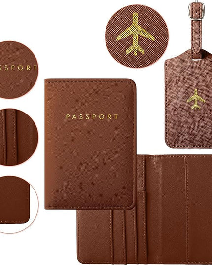 Weewooday 2 Pieces Passport Covers and 2 Pieces Luggage Tags, Passport Holder Travel Suitcase Tag (Brown, Black)