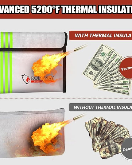 ROLOWAY Fireproof Bag (9.6 x 6.6 inches) 5200℉ Heat Insulated with Reflective Strip, Fireproof Money Bag with Zipper for Cash (2-Pack)