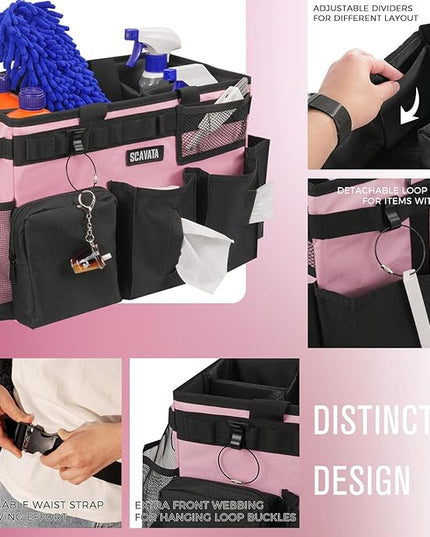 Wearable Cleaning Caddy Bag, Cleaning Caddy Supplies Organizer with Handle & Shoulder Straps for Housekeepers, Under Sink & Car Cleaning Tool Organizers with 4 Foldable Divider (SweetPink)