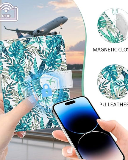 COSHAYSOO Personalized RFID Passport Holder for Travel Women Passports Cover Case Tropical Palm Leaf Pattern, Air Essentials Airplane Flight Accessories Airline Plane Flying Must Haves