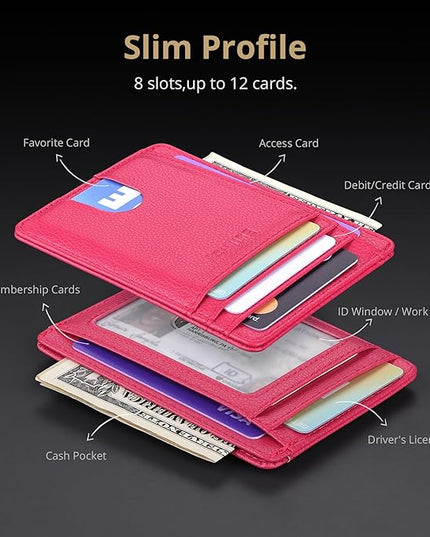 Buffway Slim Minimalist Front Pocket RFID Blocking Leather Wallets for Men and Women - Lichee Red