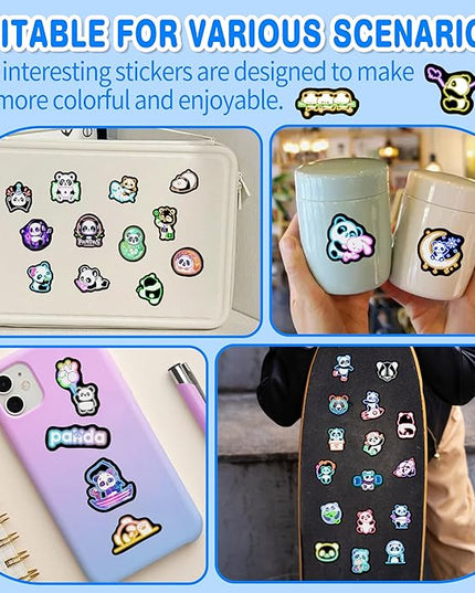 Neon Panda Water Bottle Stickers for Kids, 75 Pcs Cartoon Animal Vinyl Laptop Decals, Teens Girls Boys Adults Phone Case Skateboard Luggage Decor