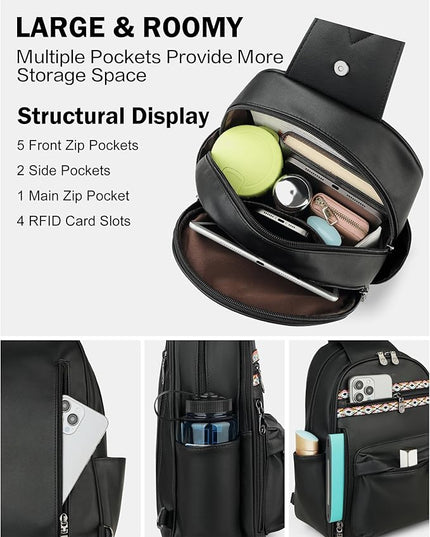 FADEON Large Sling Bag for Women, Leather Crossbody Purse Designer Anti Theft Sling Backpack, RFID Fanny Packs for Travel
