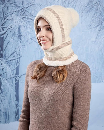 HUAMULAN Women Winter Beanie Hats One Piece Fleece Lined Knit Balaclavas Mask Set Skull Neck Circle Scarf Ski Snow Hat Pompom