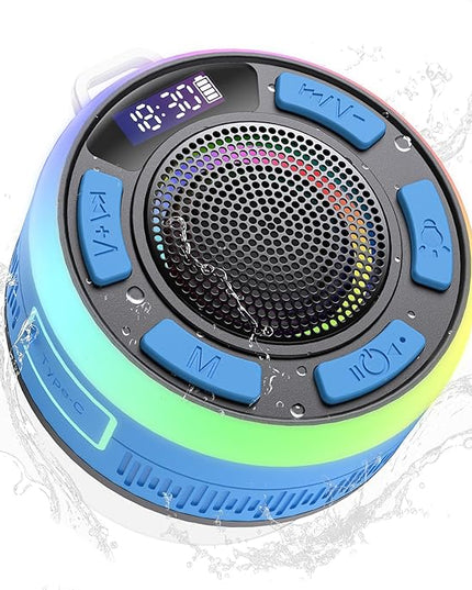 IPX7 Waterproof Shower Bluetooth Speaker, Portable Small Speaker with Suction Cup and Time Display, Loud Crystal Sound & Bass 10H Playtime 1100mAh, Wireless Shower Speakers for Pool, Beach Gift Blue