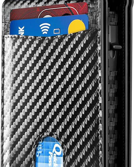 2026 Wallet for Men - RFID Blocking [Functional & Practical] Bifold Slim Minimalist Credit Card Holder Pop Up Wallet Metal Case with Cash Slot, Front Pocket with ID Window, Gift Boxed (Carbon Fiber)