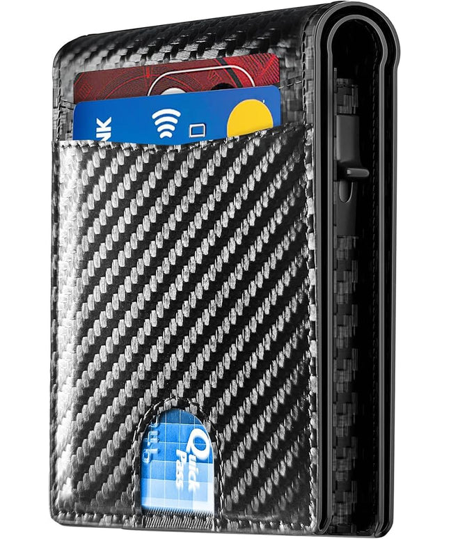 2026 Wallet for Men - RFID Blocking [Functional & Practical] Bifold Slim Minimalist Credit Card Holder Pop Up Wallet Metal Case with Cash Slot, Front Pocket with ID Window, Gift Boxed (Carbon Fiber)