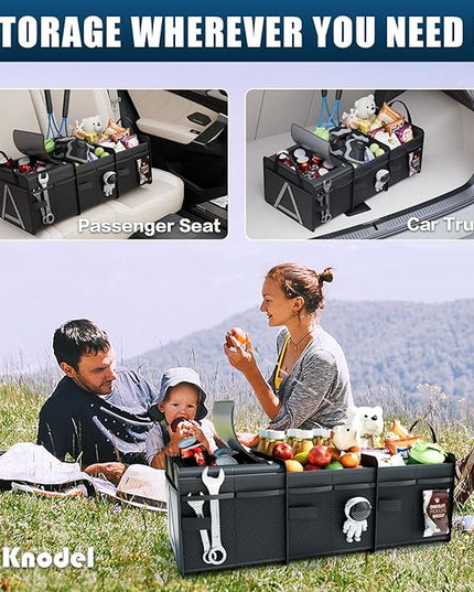 K KNODEL Sturdy Car Trunk Organizer with Premium Insulation Cooler Bag, 3 Compartments Heavy Duty Collapsible for Car, SUV, Truck, or Van (Medium, Black)