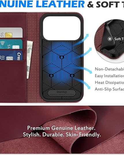 SHIELDON Genuine Leather Case Wallet for iPhone 17 Pro 5G 6.3" | RFID Blocking Credit Card Holder | Magnetic Closure | Folio Cover | Kickstand | TPU Soft Phone Shell 2025 | Wine Red