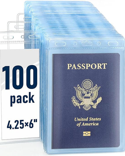 100 Pack Clear Plastic Passport Identification Card Holders, 4x6 Inch Vertical No Zipper Plastic Name Badge ID Card Holders
