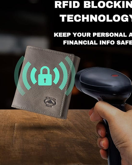 Stealth Mode Trifold Wallet - RFID Blocking Wallet with Flip ID Holder - Leather Case for Money, Credit Cards - Mens Organizer, Divided Billfold, Identity Protection - Men's Gifts (Grey)