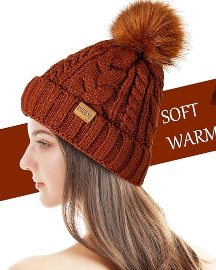REDESS Women Winter Pompom Beanie Hat with Warm Fleece Lined, Thick Slouchy Snow Knit Skull Ski Cap