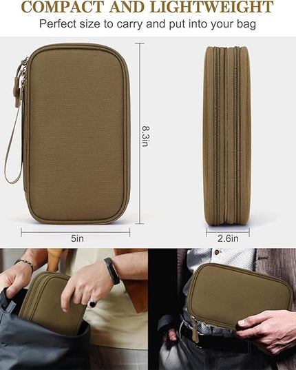 FYY Electronic Organizer, Travel Cable Organizer Bag Pouch Electronic Accessories Carry Case Portable Waterproof Double Layers Storage Bag for Cable, Charger, Phone, Earphone, Medium Size, Brown