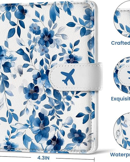 Passport Holder for Travel Essentials, RFID Blocking Leather Cover Wallet with Magnetic Closure, Aesthetic & Cute Passport Book Case for Women and Men - BlueFloral