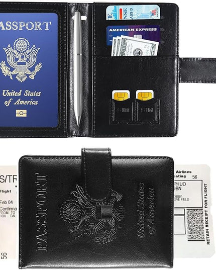Sizobi Passport Holder for Travel, RFID Passport Cover Wallet for Women Men, Leather Passport Book Card Holder Case for International Travel Must Haves Accessories, Cruise Ship Essentials Gifts, Black