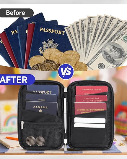 WALNEW Family Passport Holder for 5 - Large Travel Organizer Holds up to 6 Passports, RFID Blocking Water Resistant Document Wallet for Cards, Tickets, Boarding Passes