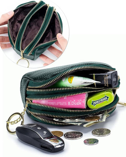 LINNO 3 Zippered Genuine Leather Coin Purse Triple Capacity Change Pouch Little Travel Wallet With Key Ring for Women