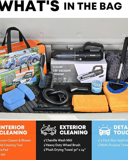 Car Cleaning kit, Car Interior Detailing kit with 10000pa Car Vacuum Cleaner, Wheel Brush, Windshield Cleaner Tool, Microfiber Towel, Wash Mitt, Interior and Exterior Car Wash kit with Bag