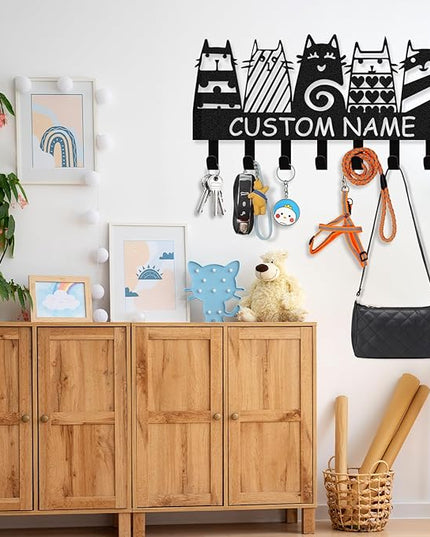 Kotagi Dyoart Personalized Key Holder Wall Mount - Custom Name Cat Key Holder for Wall, Black Pet Wall Art Decor, Housewarming Gifts, Key Rack Coat Rack Organizer for Storage, Living Room, Hallway