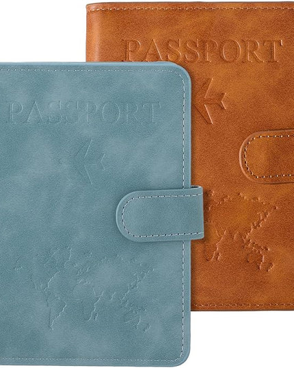 2PCS Passport Book Holder for Travel, Leather Passports Cover with Snap Closure, RFID Blocking Passport Holders Book Case Travel Wallet for Women Men, Airport Essentials Gift(Light Blue/Brown)