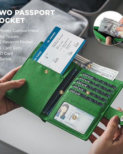 VULKIT Leather Passport Wallet for 2 Passports Slim Double Passport Holder RFID Blocking Passport Travel Wallet with ID Window for Women