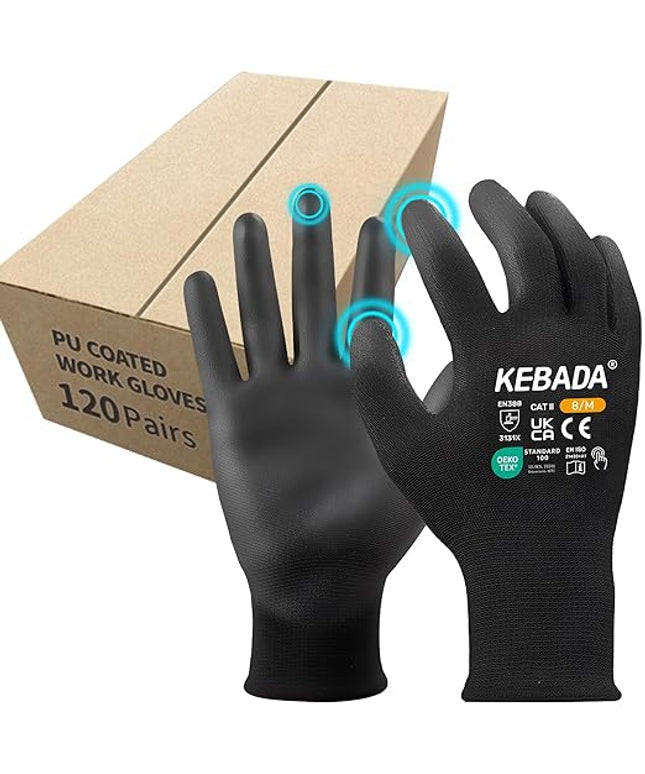 Kebada Safety Work Gloves,120 Pairs Bulk Pack, Touchscreen, PU Coated, Ideal for Warehouse, Construction, Gardening and Mechanics, Black, X-Large