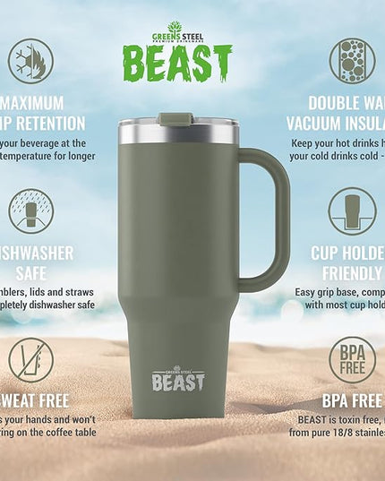 Beast 50 oz Tumbler with Handle Stainless Steel Vacuum Insulated Coffee Ice Cup Double Wall Travel Flask (Army Green)