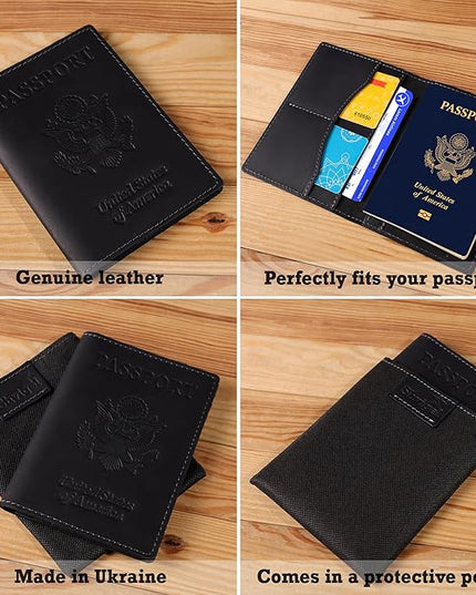 Shvigel Genuine Leather Passport Cover – Passport Holder for Men & Women – Crazy Horse Leather Travel Wallet Black