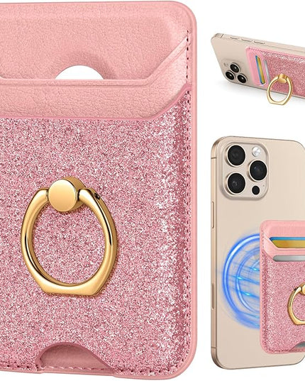 Shorogyt Compatible with Magsafe Wallet Magnetic Card Holder - Phone Wallets with Ring Grip Stand Cute Fashion for iPhone 17/16/15/14/13/12 Series for Women Girls Glitter Pk Design, Fit 3 Cards