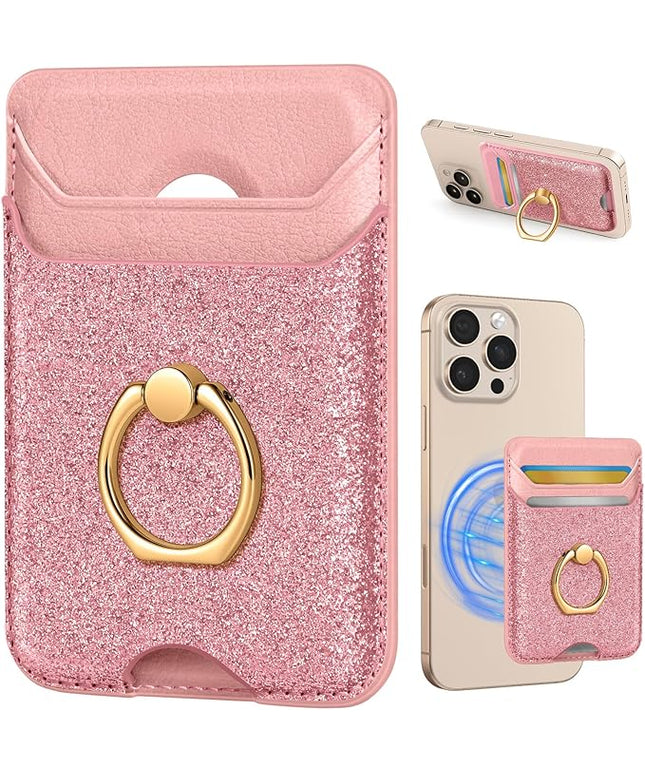 Shorogyt Compatible with Magsafe Wallet Magnetic Card Holder - Phone Wallets with Ring Grip Stand Cute Fashion for iPhone 17/16/15/14/13/12 Series for Women Girls Glitter Pk Design, Fit 3 Cards