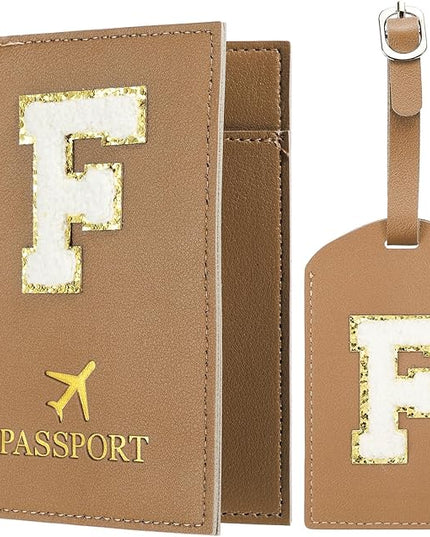 PATIKIL Passport Holder for Travel, Initial Passport Cover and Luggage Tag Set with Alphabet Chenille Letter Patch Travel Wallet Bag Suitcase Identifier for Women Family Travel Brown F