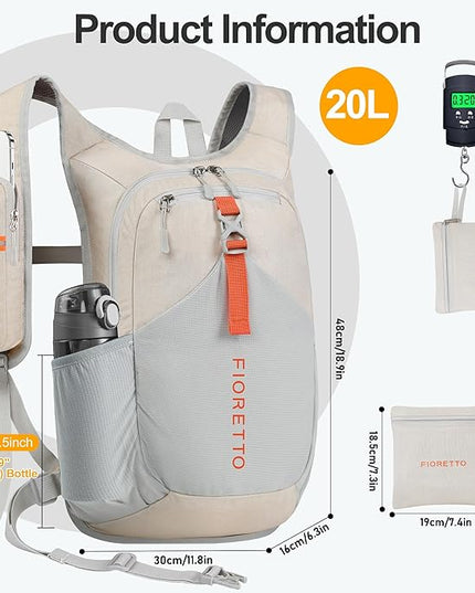 FIORETTO 20L Hiking Backpack for Women Men Mini Packable Backpack Lightweight Small Daypack for Camping Travel Outdoor, Beige