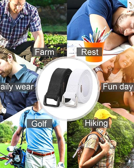 JASGOOD Men Canvas Fabric Belts Casual Web Cloth Belts with Black Double Ring Buckle 2 Pack