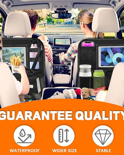 Backseat Car Organizer with Table Tray,12 Pockets Storage Organizer with Tablet Holder,Car Seat Organizer with Car Tissue Holder,Kick Mats Protector For Kids,Travel Accessories(2-Pack)