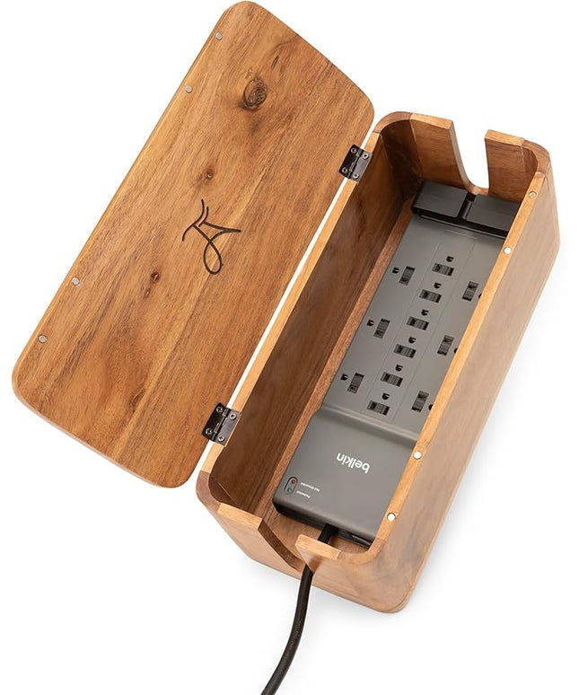 Extra Large Cable Management Box - Acacia Wood - Cable Organizer Box and Power Strip Box for Electrical Cord Management - Hide Desk Cord and Floor Cables - Wire Storage and Organization for Cords