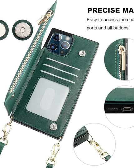 Bocasal Crossbody Wallet Case for iPhone 12 Pro Max with Card Holder,Zipper Card Slot Protector Shockproof Purse Cover with Removable Cross Body Strap 6.7 Inch(Green)