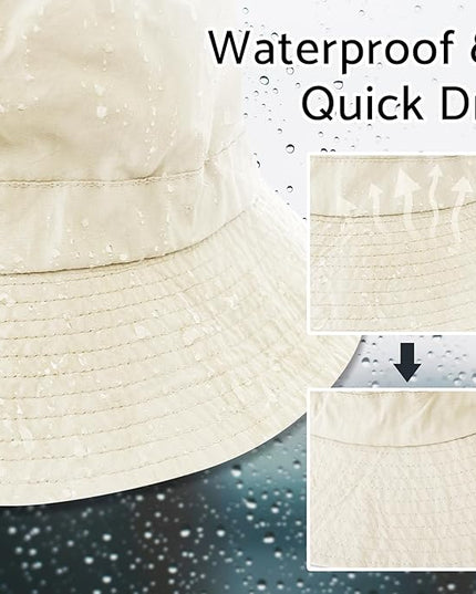 PFFY Quick Dry Waterproof Packable Bucket Hat for Women Men Outdoor Sun Hats with Detachable Chin Strap