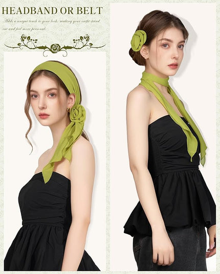 Chiffon Scarf for Women, Removable Flower Neck Scarf Light Soft Fashion Rose Scarves Versatile Headband or Hair Band