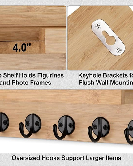 Lwenki Key Holder Wall Mount, Entryway Key and Mail Holder with 7 Sturdy Hooks for Sunglasses, Dog Leash, Decorative Wall Shelf with Mounting Hardware, 15”W x 6.7”H x 4.2”D (Wood)