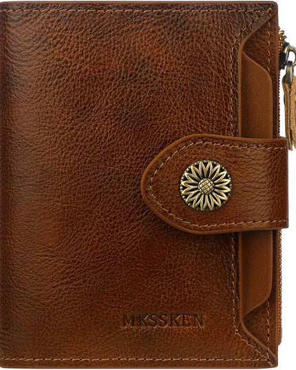 MKSSKEN RFID Wallet Women,Bifold Leather Womens Wallet,Compact Designer Carteras Para Mujer Card Holder with Removable ID Window(khaki)