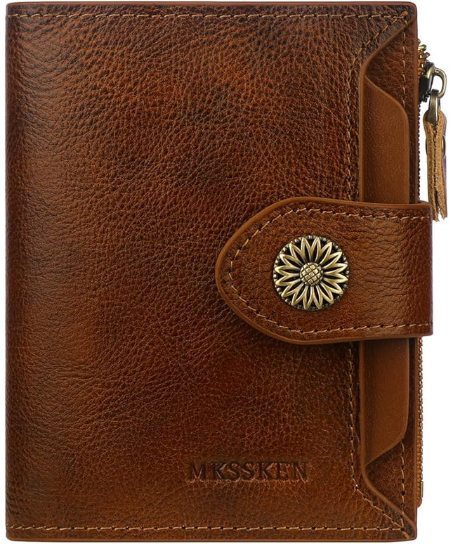 MKSSKEN RFID Wallet Women,Bifold Leather Womens Wallet,Compact Designer Carteras Para Mujer Card Holder with Removable ID Window(khaki)